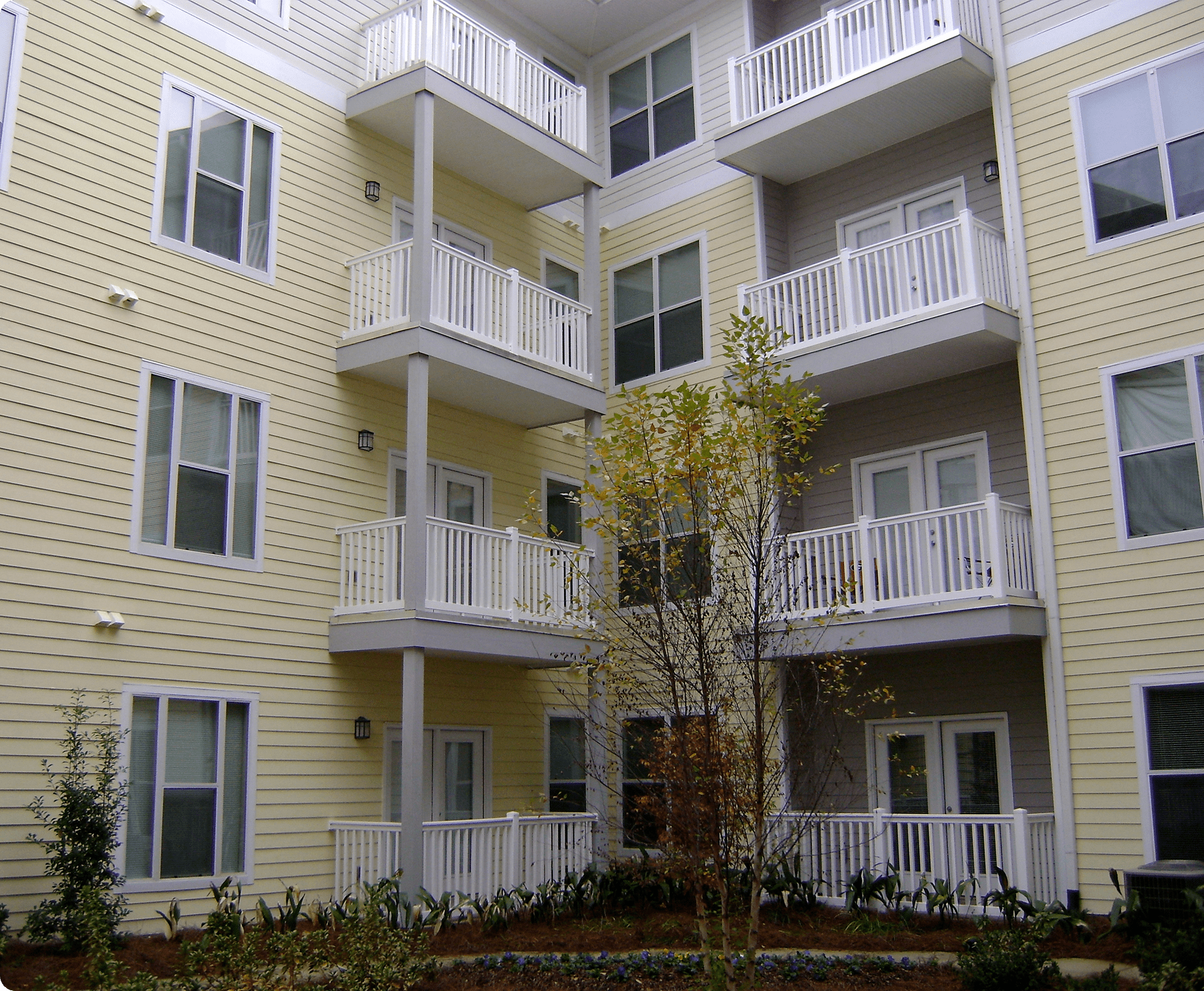 Apartment building with balconies and trees
