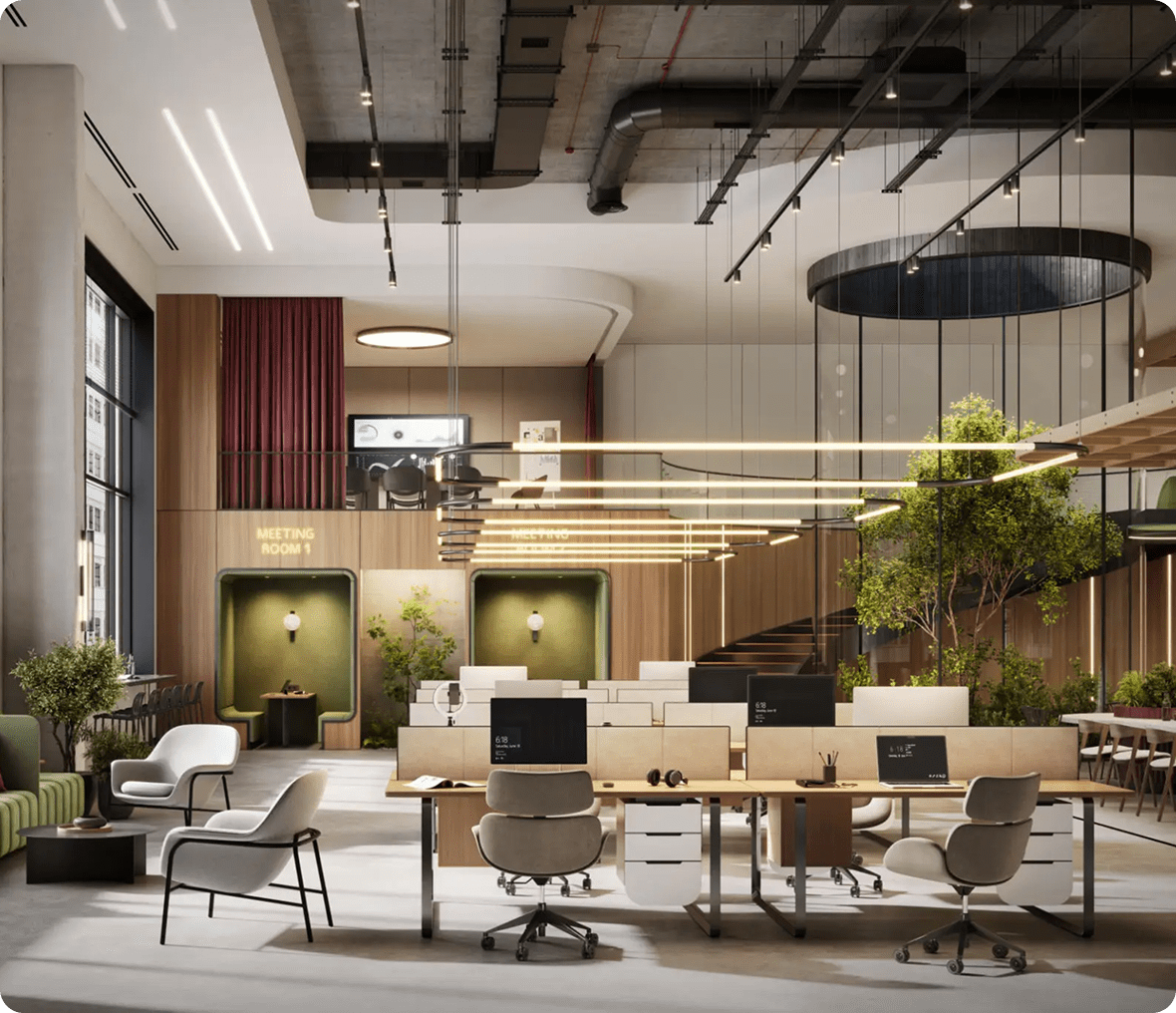 Modern open-plan office with greenery