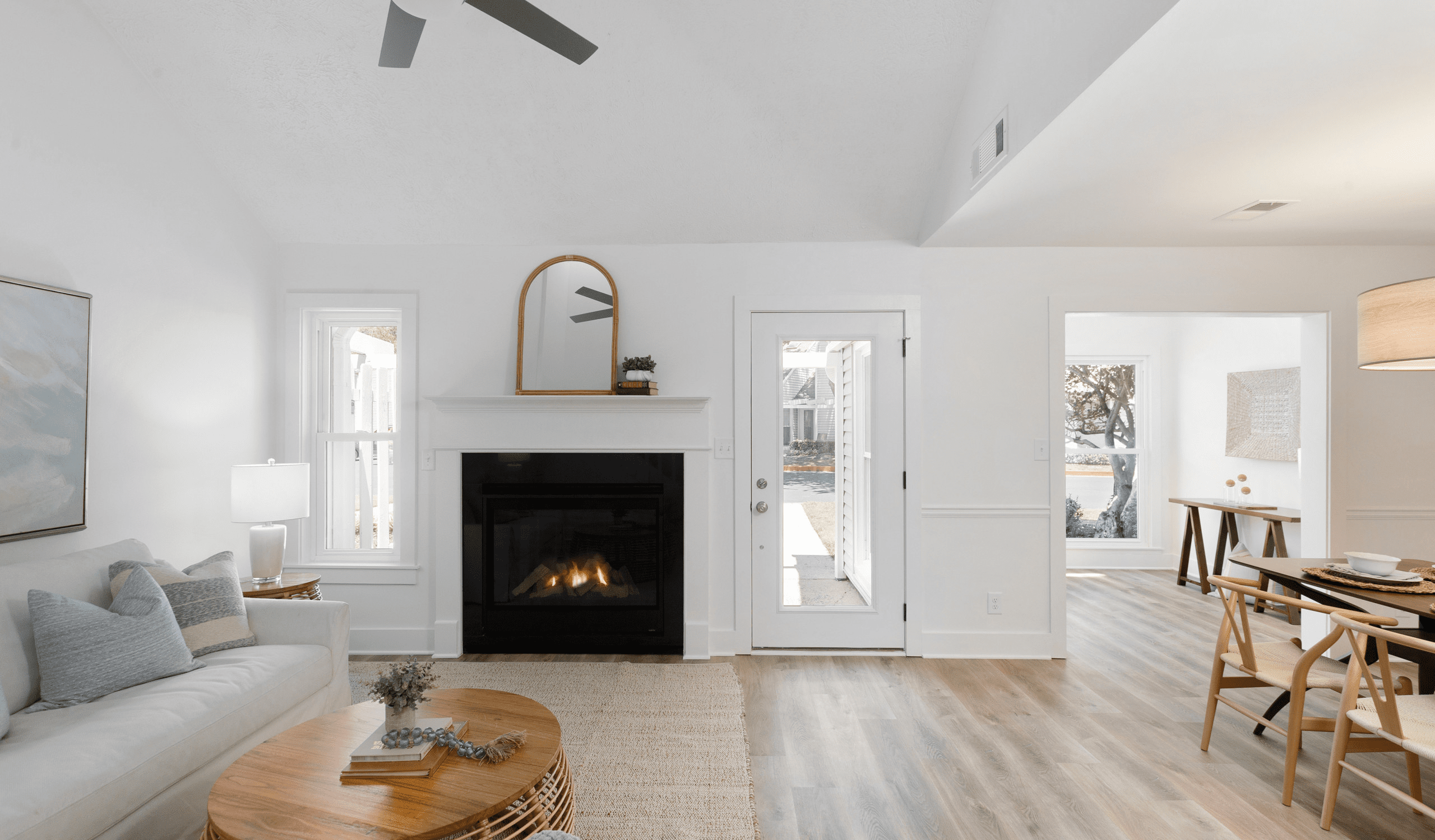 Bright living area with wooden floor